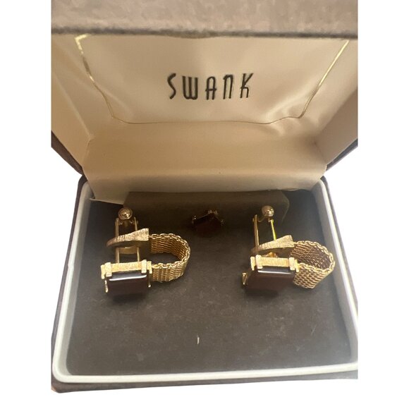 Swank Vintage 60's Tigers Eye Gold Mesh Cufflinks & Tie Pin Original Boz - Picture 2 of 5